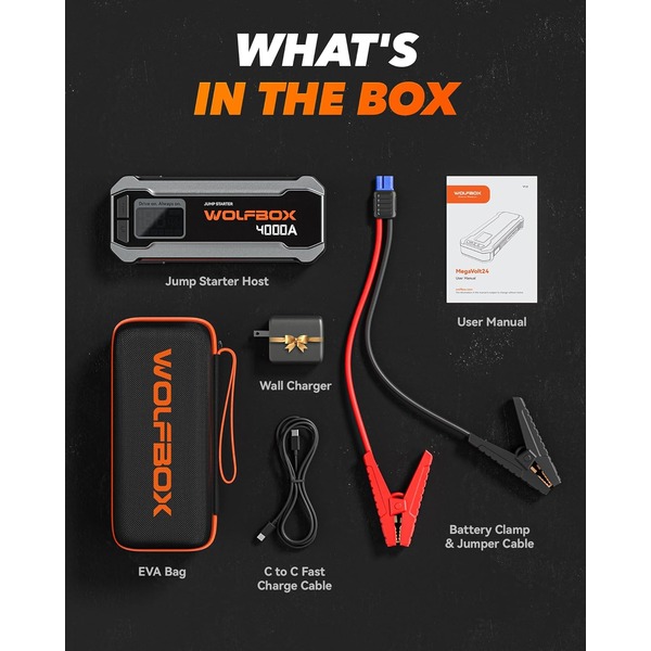 Wolfbox 4000A Jump Starter - 12V Car Battery Jump Starter, 65W Quick Charge