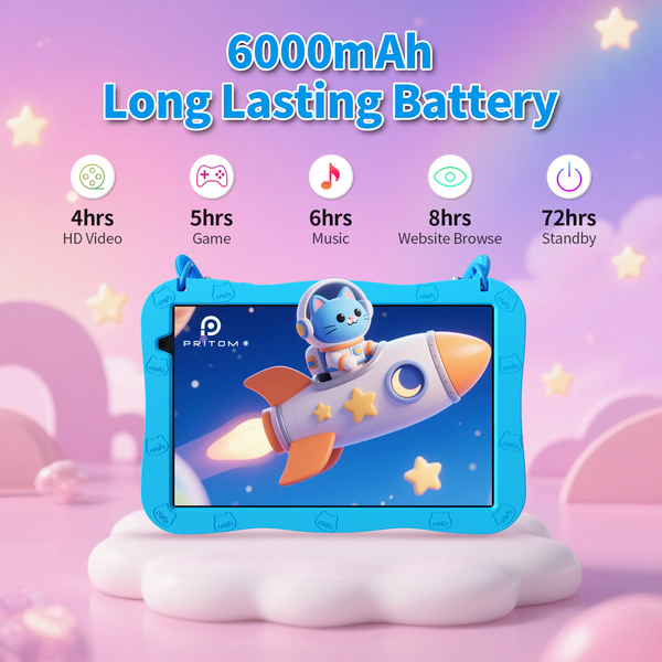 Pritom D11A Kids 10.1" Tablet 3GB+5GB RAM, 32GB ROM, Silicone Case & WI-FI6 - Blue
