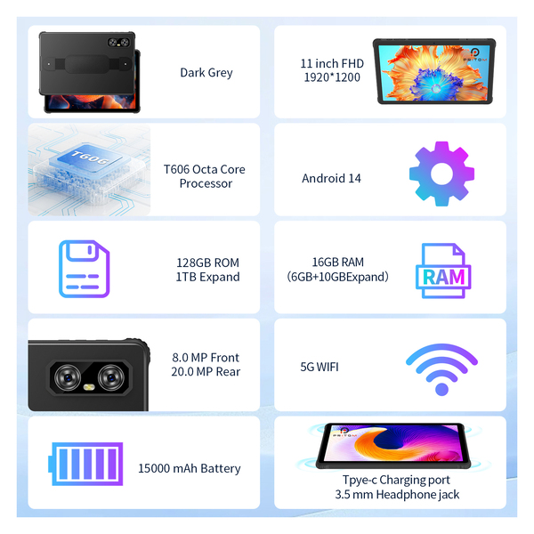 Pritom R11 Rugged 10.95" Tablet - 6GB+10GB RAM, 128GB ROM, 15000mAh Battery