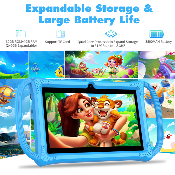 PRITOM K7 Pro Kids Tablet - 7" 4GB RAM, 32GB ROM, Case with Side Handles - Blue