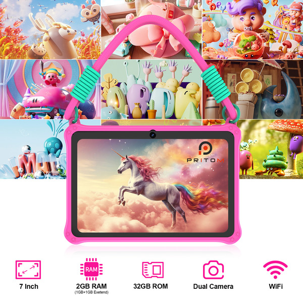 PRITOM Kids Adventure Tablet 7" - 2GB RAM, 32GB Storage, Parental Controls - Pink
