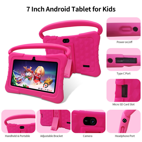 PRITOM Kids Smart Tablet 7" WiFi | 2GB RAM, 32GB Storage, Parental Controls - Pink