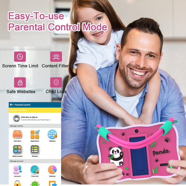Pritom Smart Kids Panda Tablet 7" WiFi Parental Control 2GB RAM, 32GB ROM - Pink