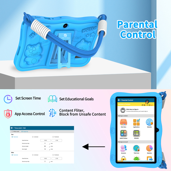 Pritom K7 Pro Pig 7" Kids Tablet - 3GB+5GB RAM, 32GB ROM, Parental Controls - Blue